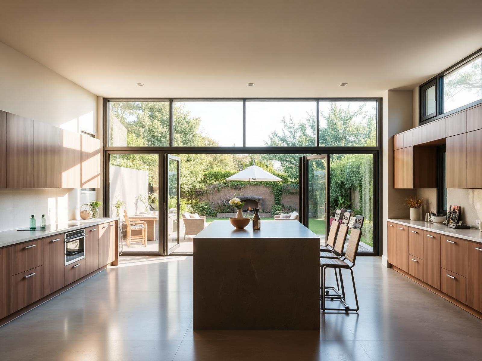 Sunlit modern kitchen with bi-folding doors opening to a garden