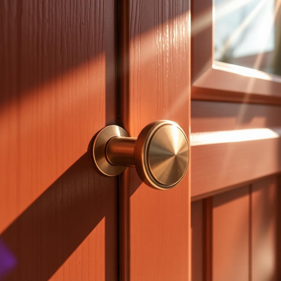 Sunlit copper handle on a clay composite door