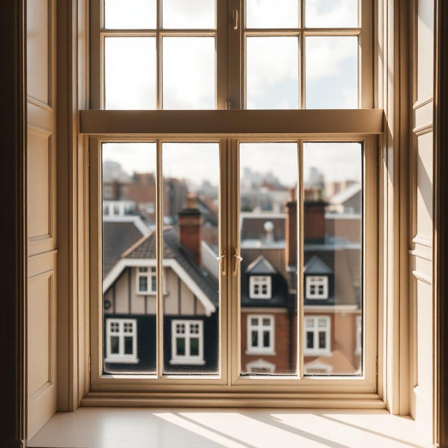 View through a sash window onto London rooftops