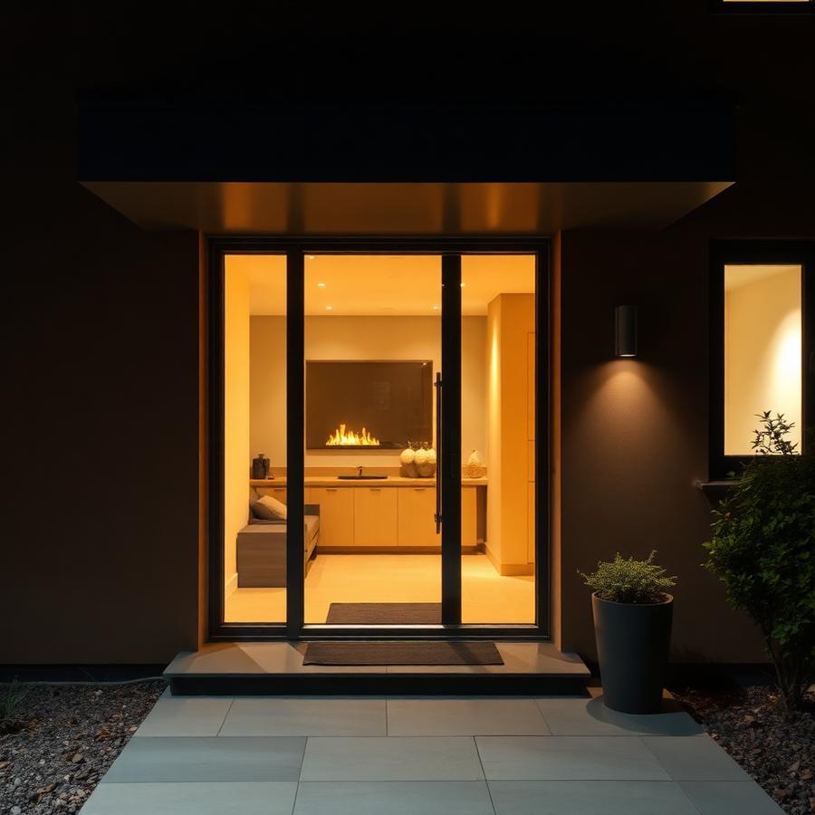 Modern porch glowing at night